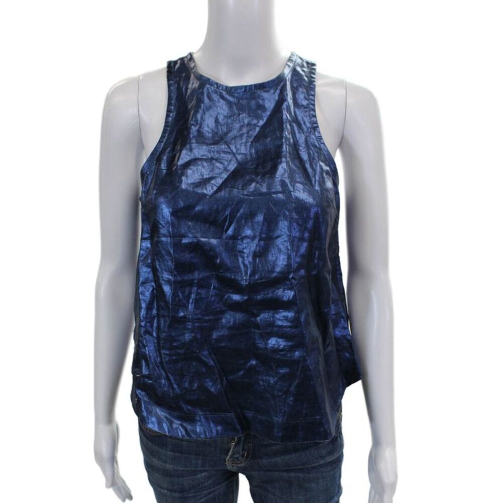 Lanhtropy Womens Basic Sleeveless Tank Blue Linen Foil Button Round Neck Size S